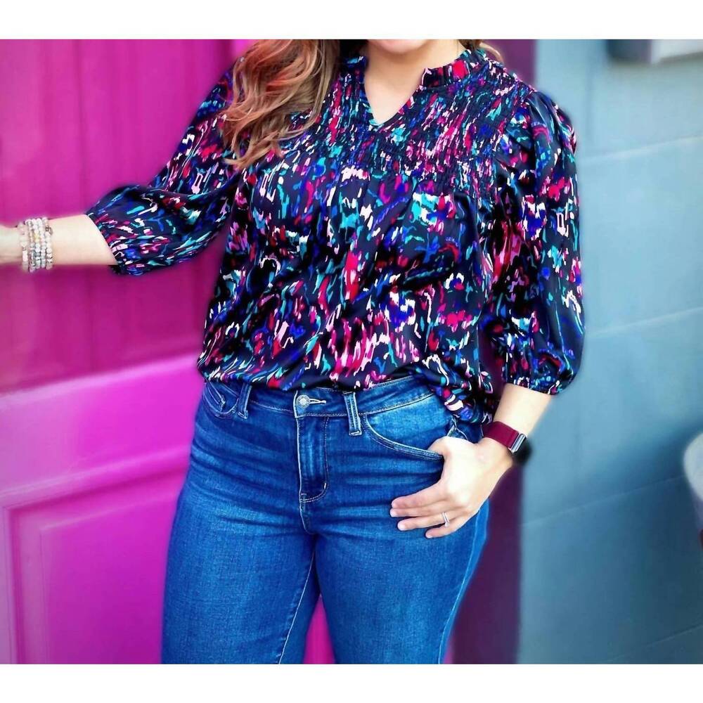 NEW WASHCO abstract smocked blouse in multi